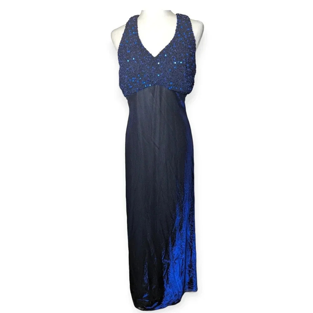 Y2K Prom Dress Iridescent Blue Sparkly Strappy Floor-Length Formal Gown 2000s